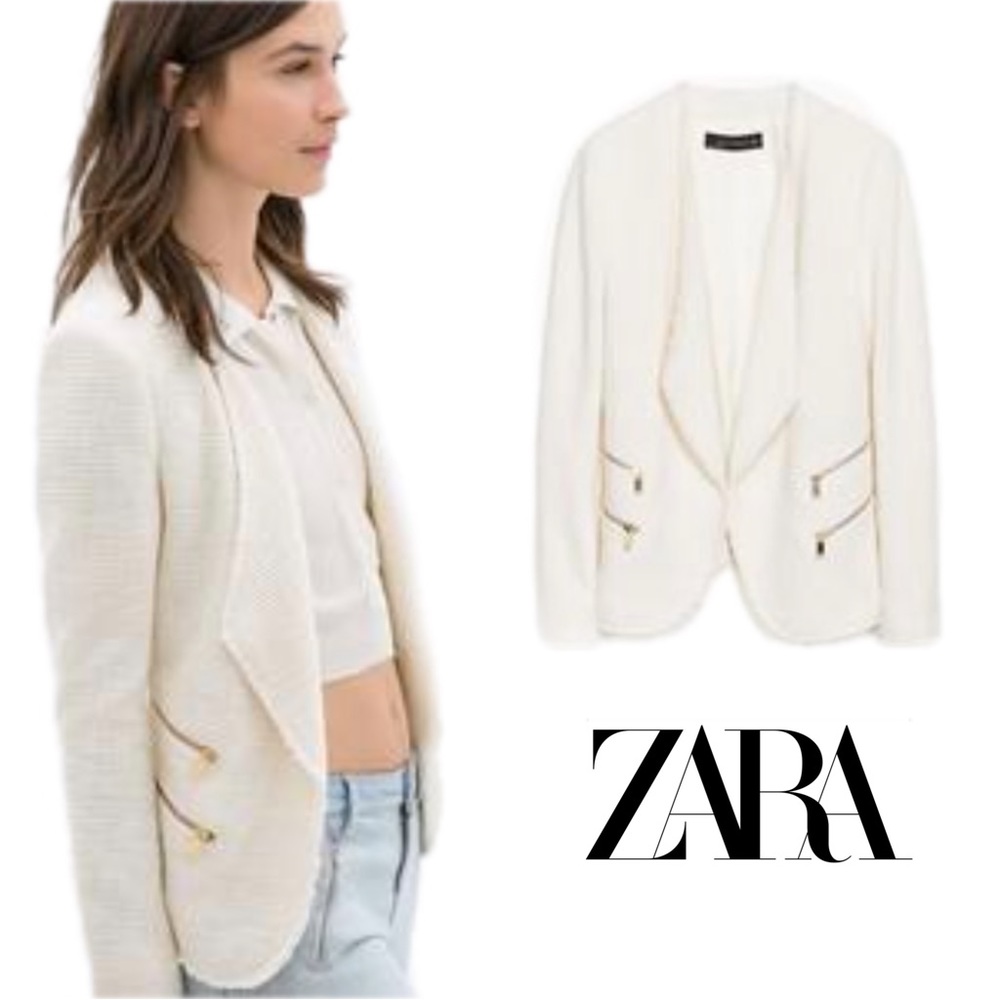 Zara Ivory Tweed Open Blazer Jacket